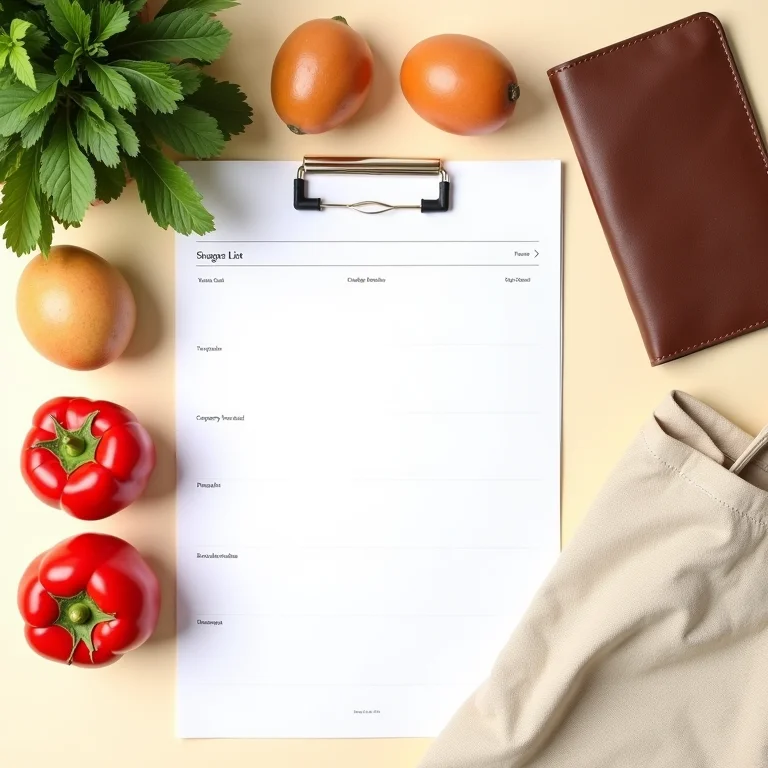 Lista de compras organizada com ingredientes frescos e acessórios.