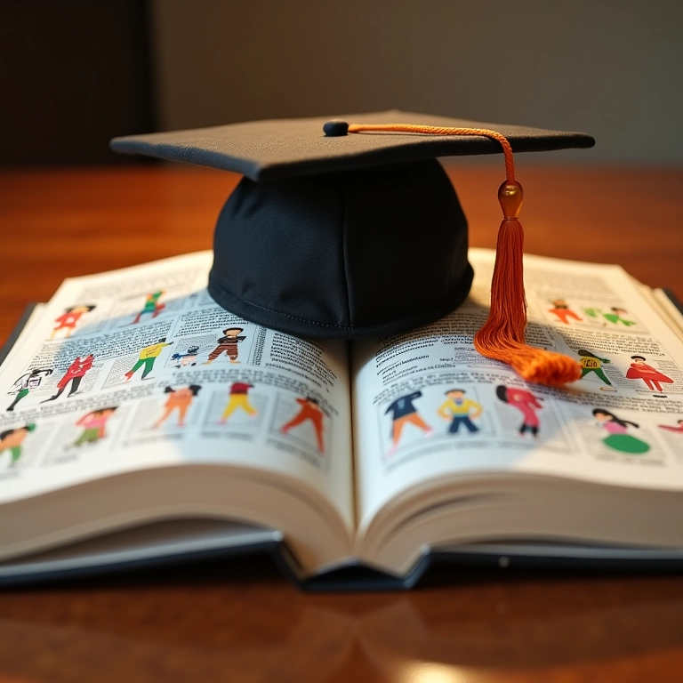 Livro aberto com ilustrações sobre igualdade de gênero e um capelo.