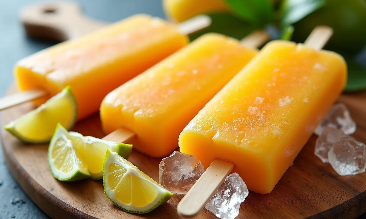 Livro de receitas de geladinho gourmet com frutas tropicais e ingredientes vibrantes.