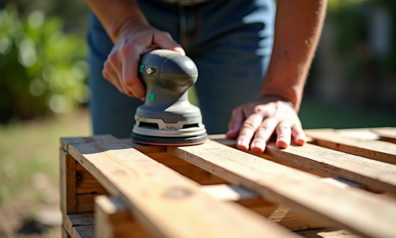 Lixando paletes de madeira em um quintal ensolarado para preparar a estrutura do sofá.