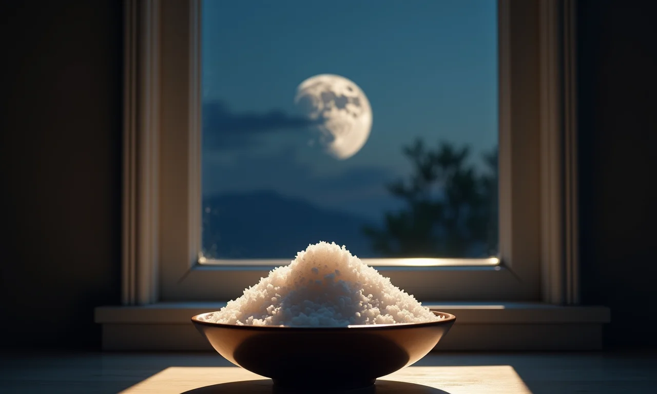 Lua crescente visível pela janela do banheiro, iluminando o sal grosso.