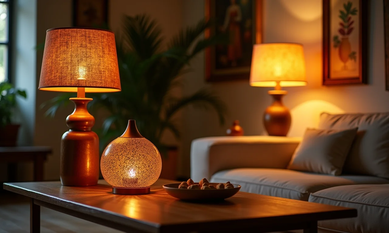 Luminárias decorativas emitindo um brilho aconchegante em uma sala de estar.