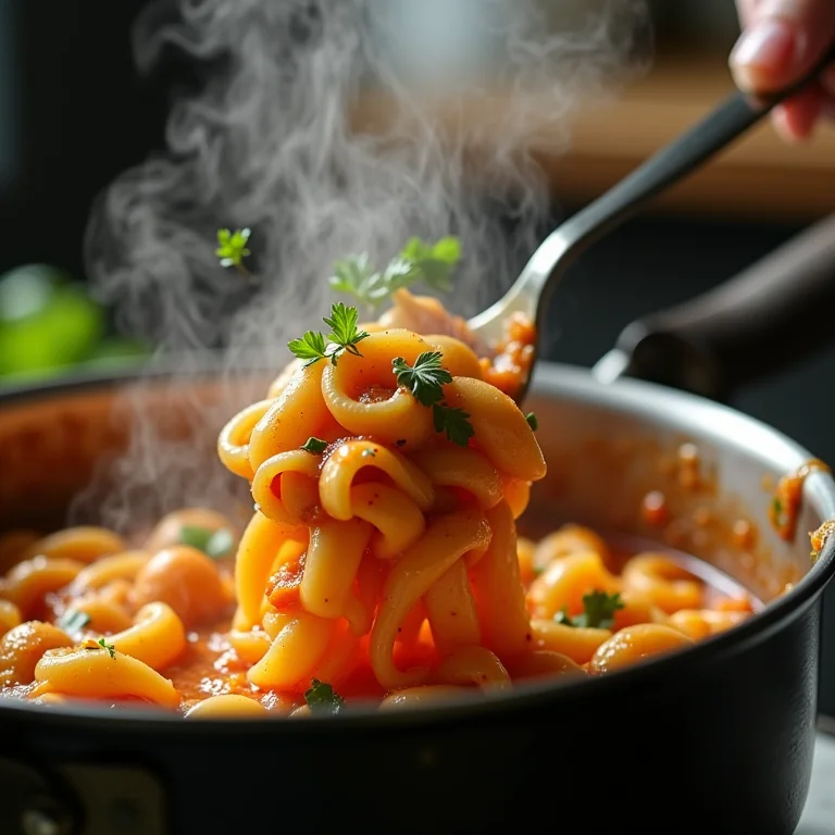 Macarrão express sendo preparado com molho e ervas frescas.