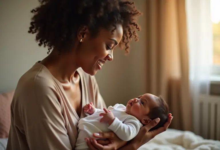 Mãe amamentando bebê em ambiente acolhedor