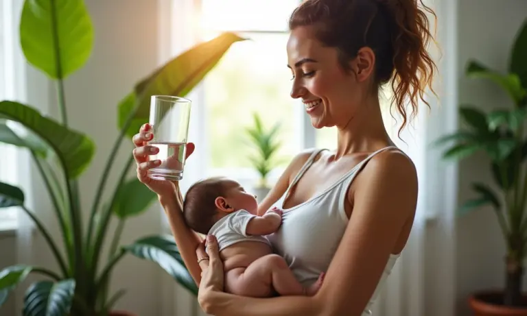 Mãe amamentando bebê em casa aconchegante, bebendo água.