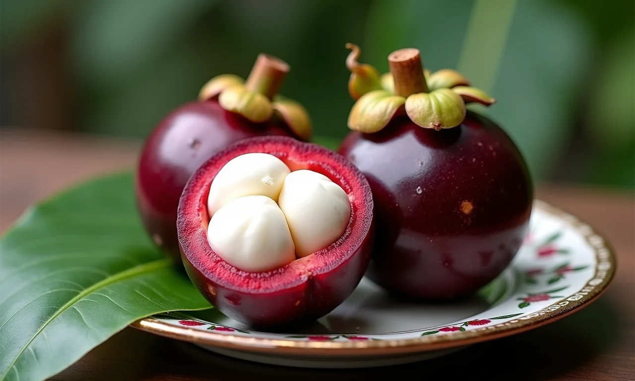 Mangostão cortado ao meio mostrando seus gomos brancos.