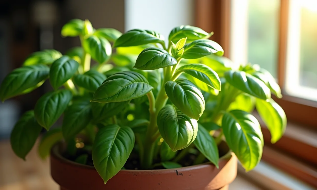 Manjericão fresco num vaso, iluminado pela luz do sol.