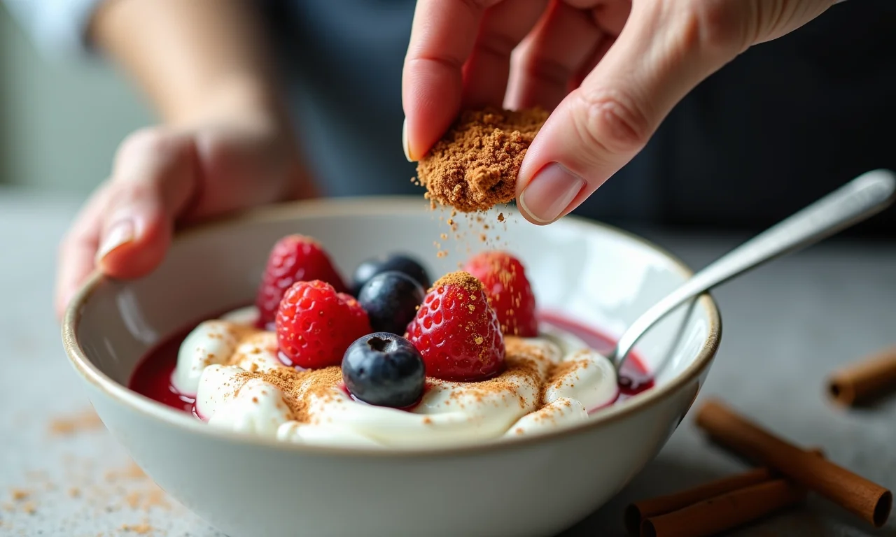 Mão adicionando canela em iogurte com frutas vermelhas.