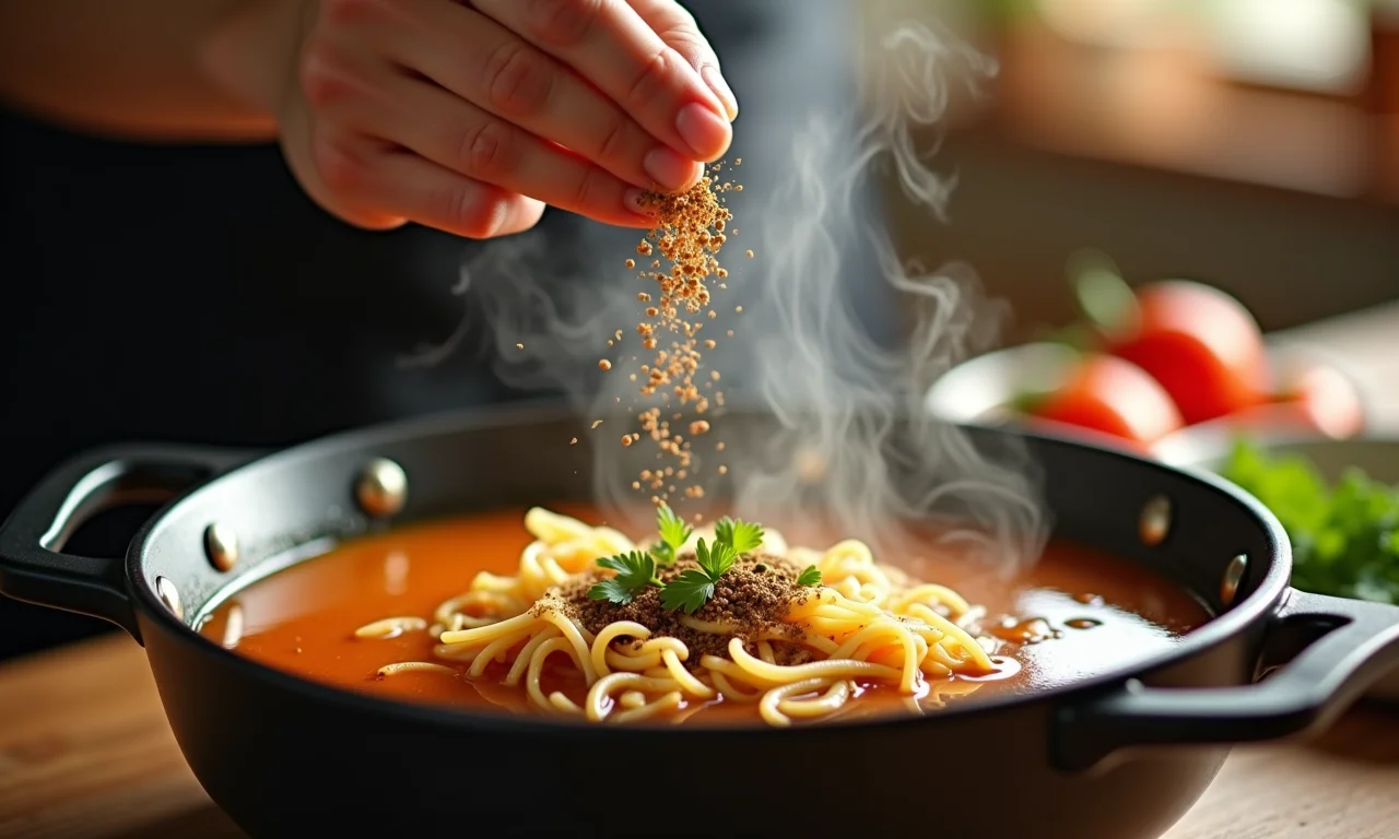 Mão adicionando ervas e especiarias a uma panela de sopa de macarrão com frango.
