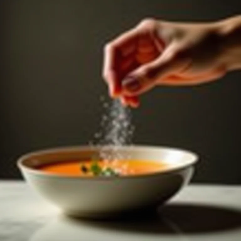 Mão adicionando sal em excesso em uma sopa