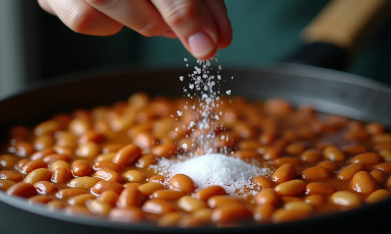 Mão adicionando sal refinado em panela de feijão.