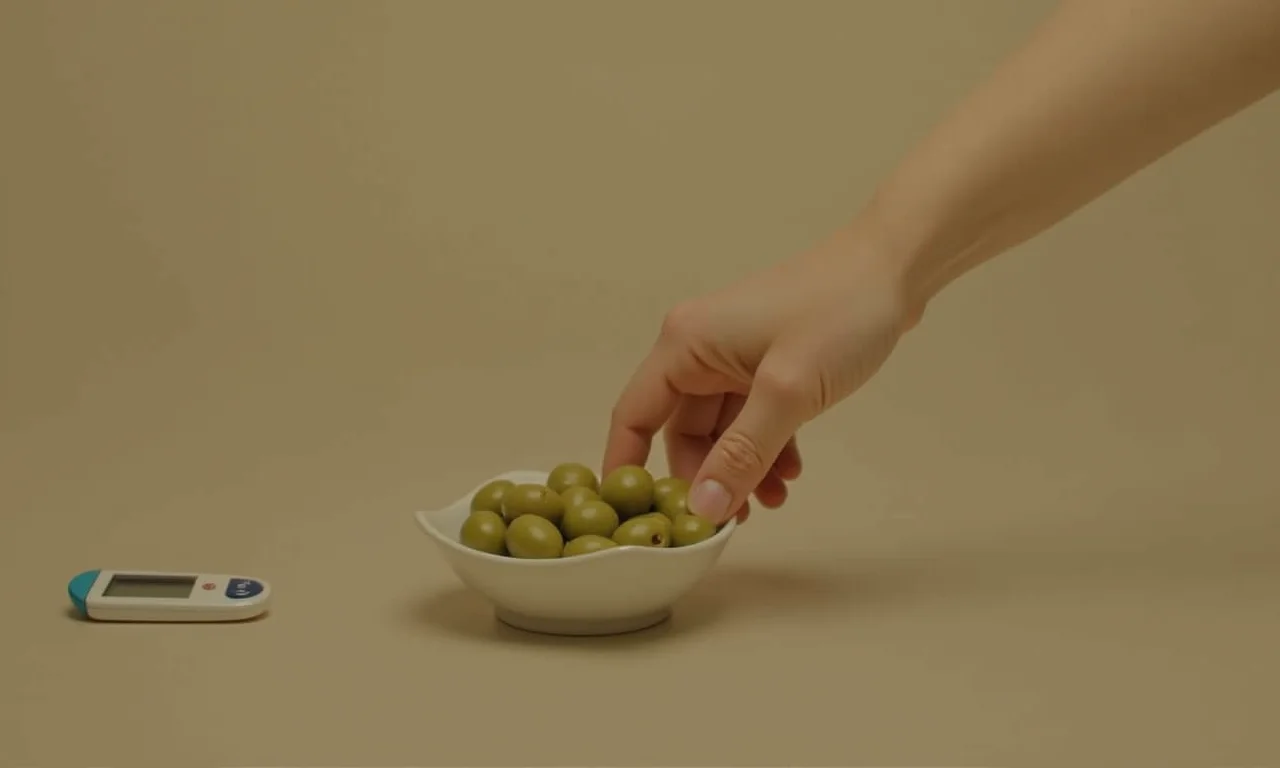 Mão alcançando azeitonas, com medidor de glicose ao fundo.