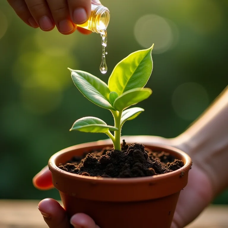 Mão aplicando adubo diluído em uma planta Fitônia.