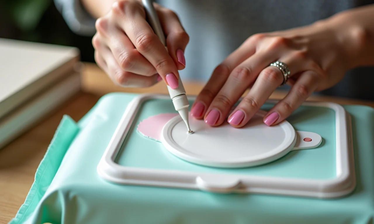 Mão aplicando cola em papel decorativo para customizar porta-lenços.