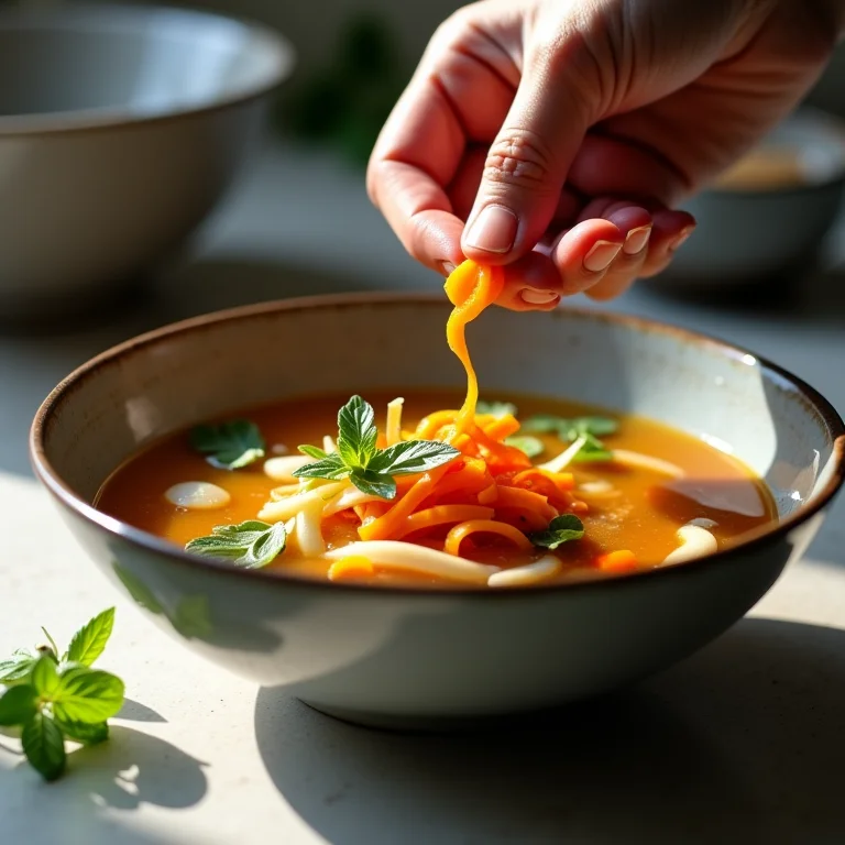 Mão arrumando legumes cortados uniformemente em uma sopa