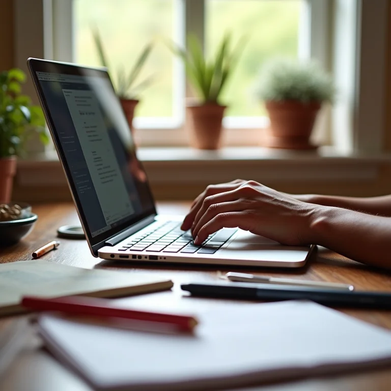 Mão digitando descrições com palavras-chave para pins do Pinterest, enfatizando a importância das palavras-chave.