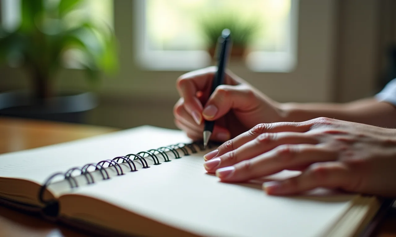 Mão escrevendo em um diário, promovendo o aumento da autoconsciência.