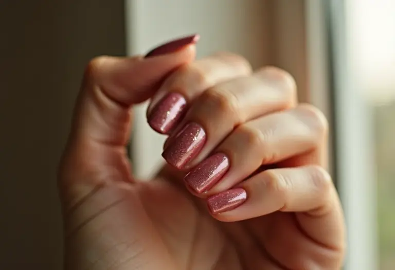 Mão feminina com unhas de glitter reluzentes