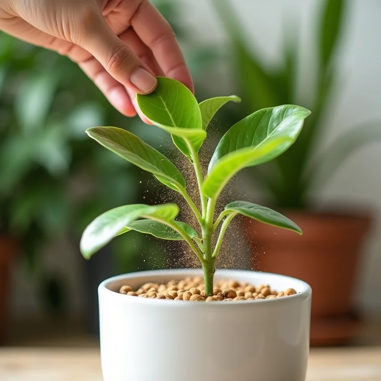 Mão gentilmente espalhando fertilizante ao redor de uma Fitônia.