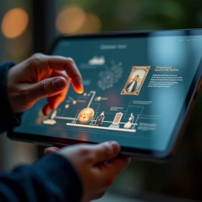 Mão interagindo com uma exibição virtual de museu em um tablet.