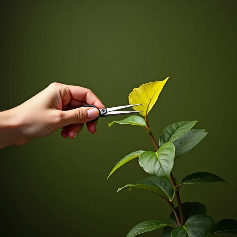 Mão podando uma planta Fitônia.