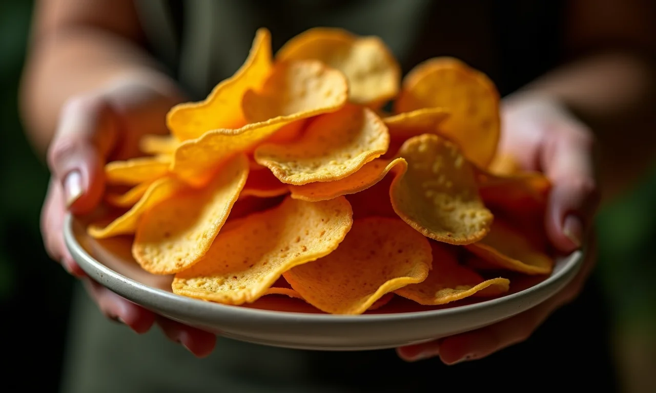 Mão segurando prato com chips de cará assados.