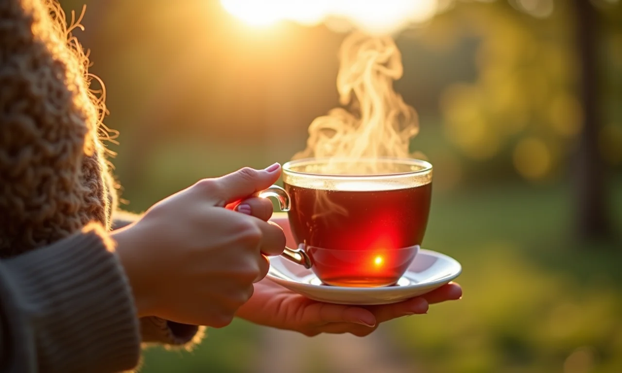 Mão segurando xícara de chá de amora para fortalecer o sistema imunológico.