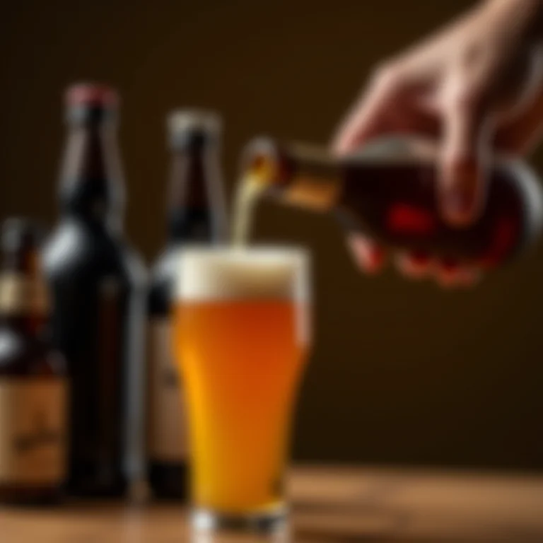 Mão servindo cerveja artesanal em um copo, com garrafas ao fundo