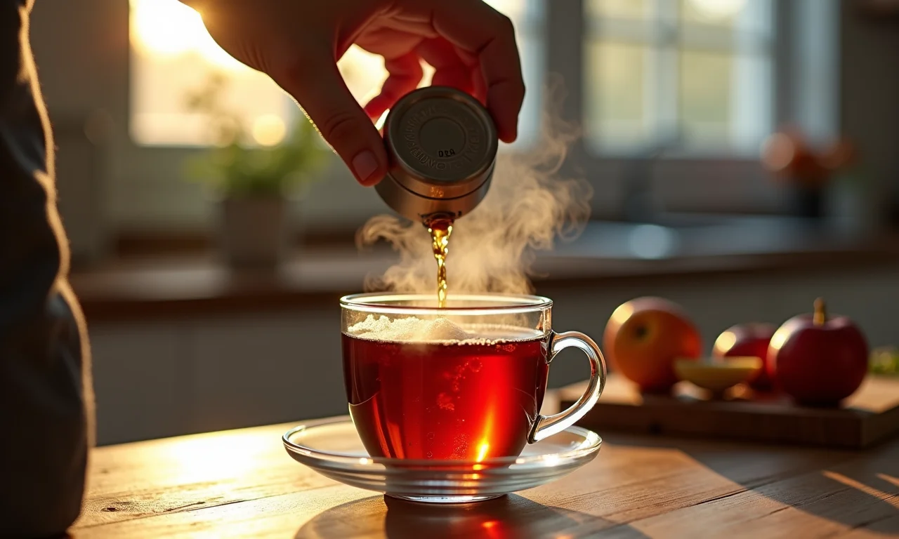 Mão servindo chá fumegante em xícara de vidro.