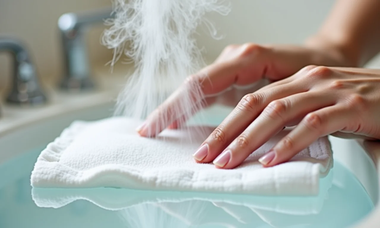 Mão tocando calcinha com vapor, indicando uso de água quente.