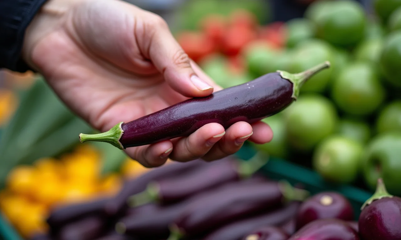 Mão verificando a cor e firmeza do quiabo-roxo.