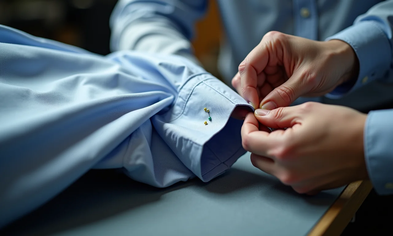 Mãos ajustando mangas de camisa social com alfinetes.