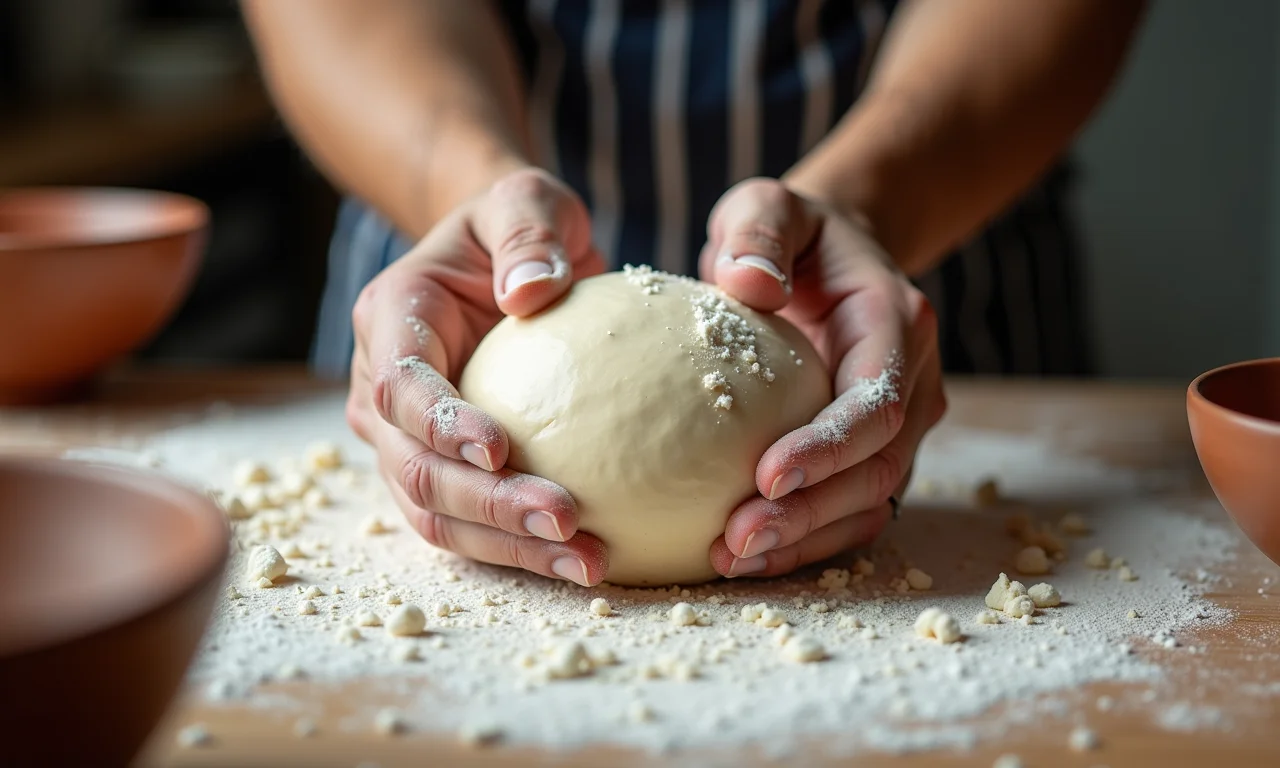 Mãos amassando massa de pão em ambiente tranquilo e acolhedor.