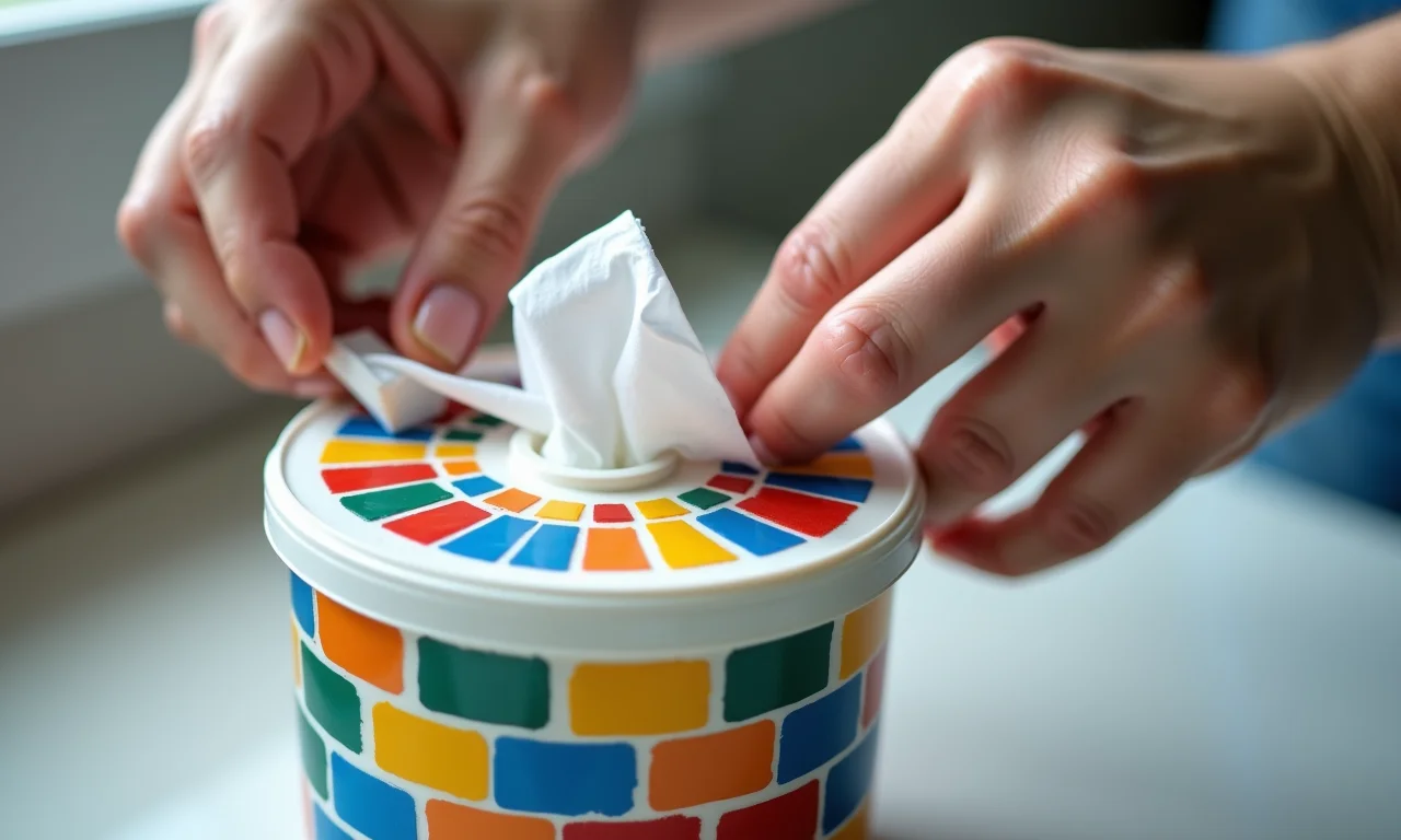 Mãos aplicando mosaicos coloridos em caixa de lenços umedecidos para transformá-la.