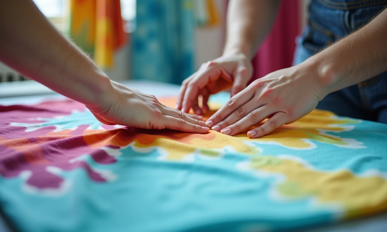 Mãos aplicando técnicas para evitar desbotamento no tie dye.