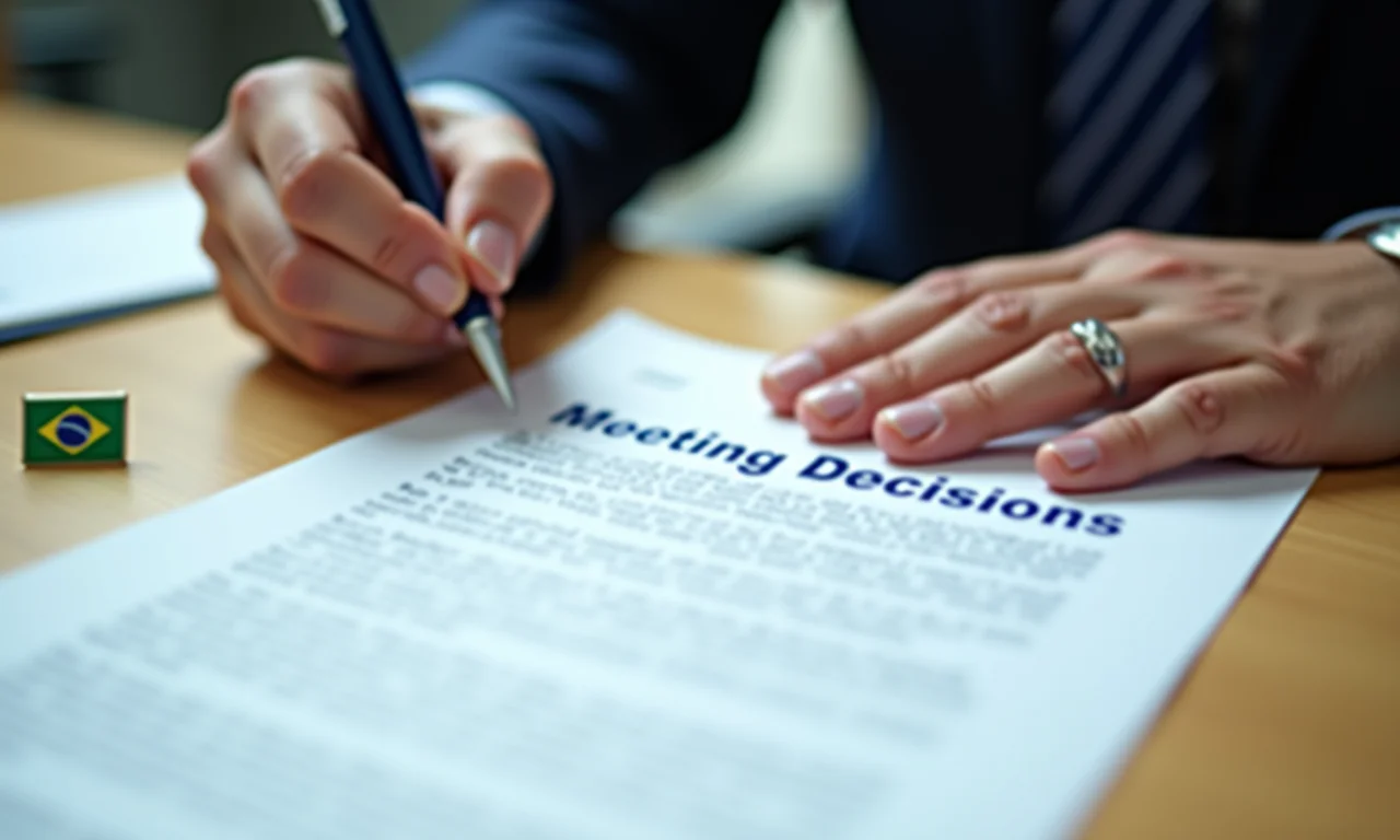 Mãos assinando documento 'Decisões da Reunião' com bandeira do Brasil.