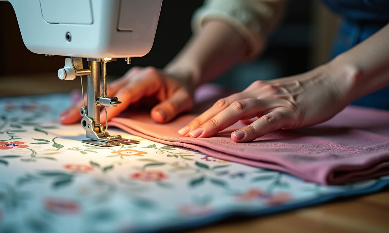 Mãos costurando tecido em máquina para FPP, facilitando designs complexos