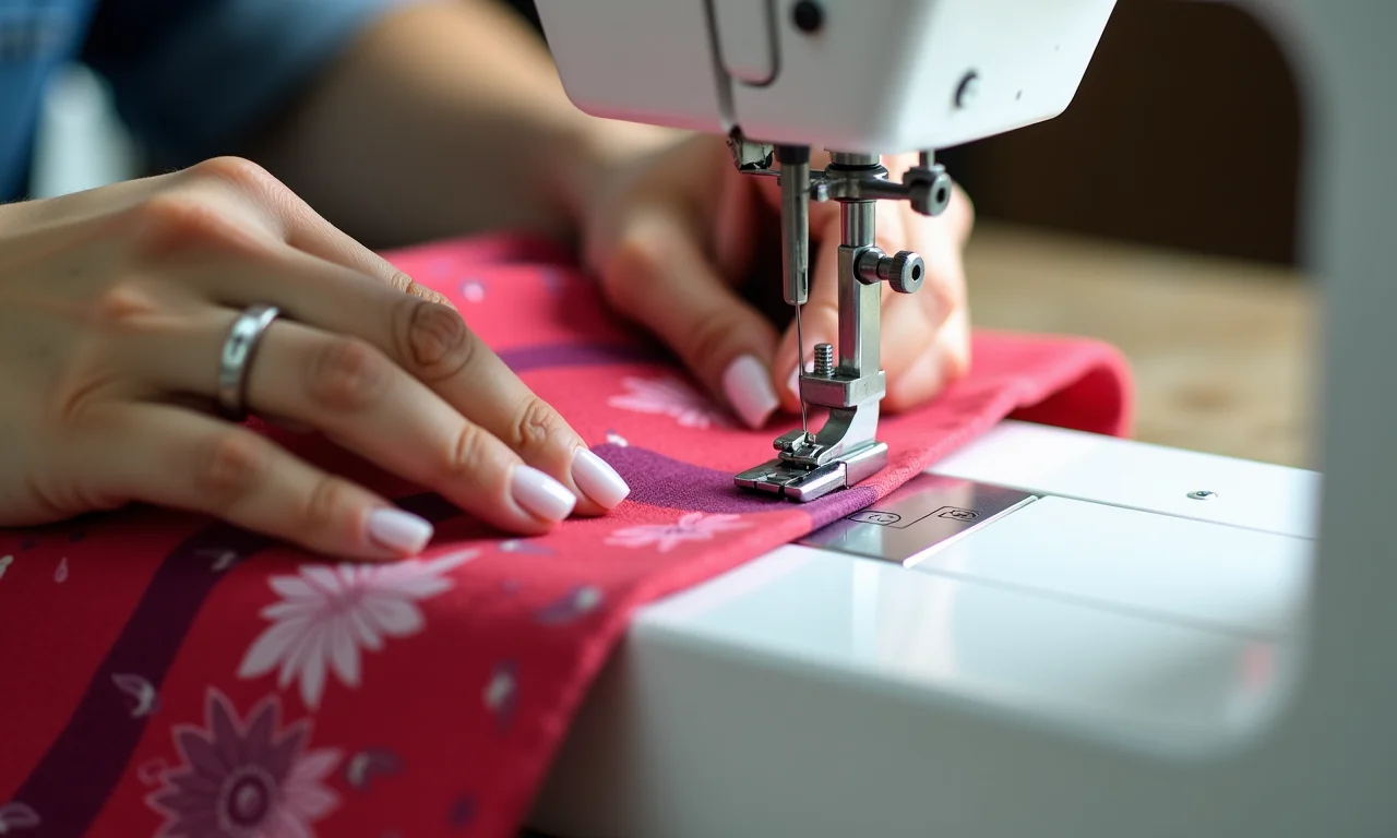 Mãos costurando top cropped em máquina de costura.