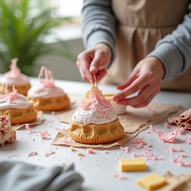 Mãos criando embalagens de doces com materiais reciclados.