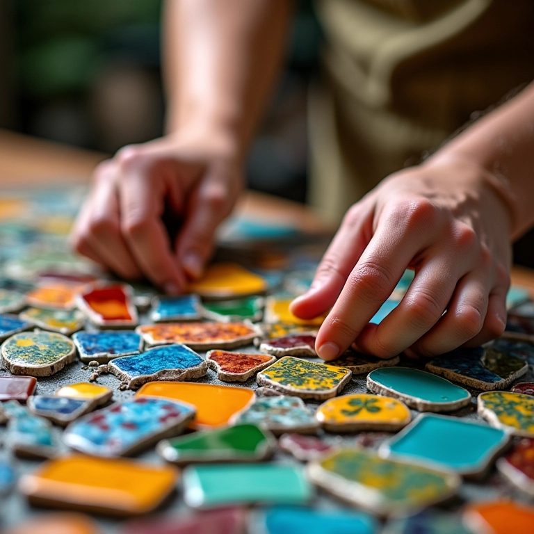 Os 5 Erros Comuns que Todo Iniciante de Artesanato Reciclado Comete Mãos criando mosaico colorido com vidro reciclado em estúdio vibrante.