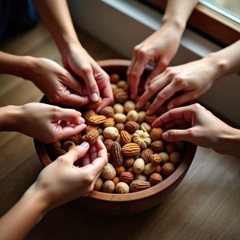 Mãos de diferentes etnias alcançando tigela de castanhas.