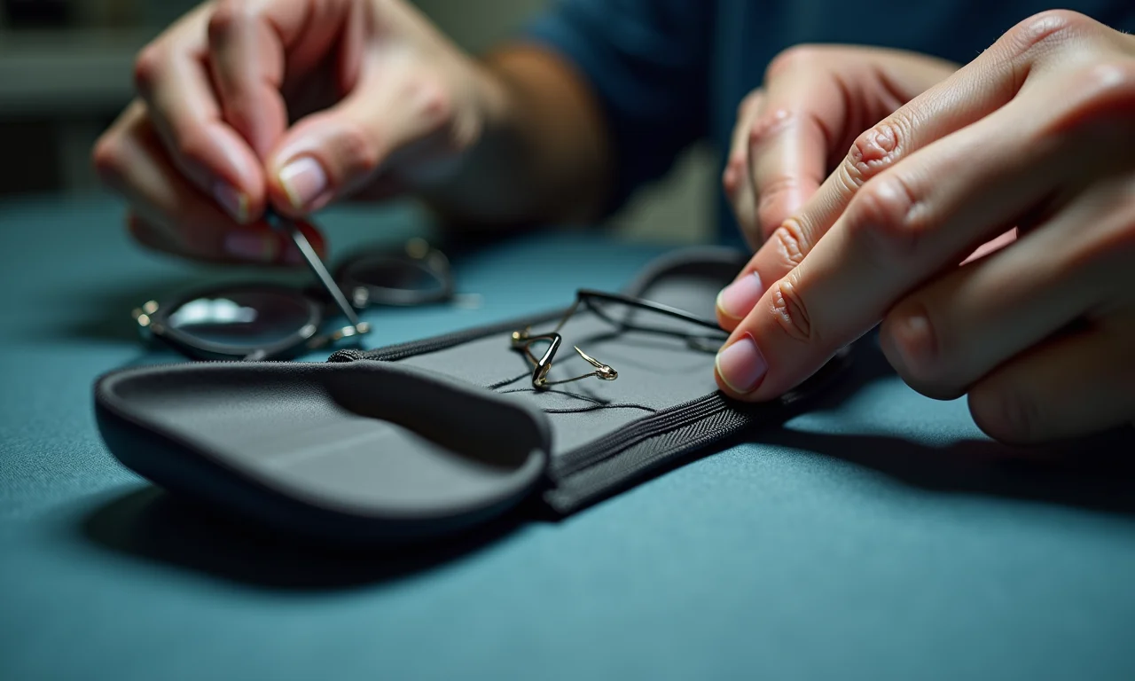 Mãos de especialista dando acabamento impecável a um porta-óculos.