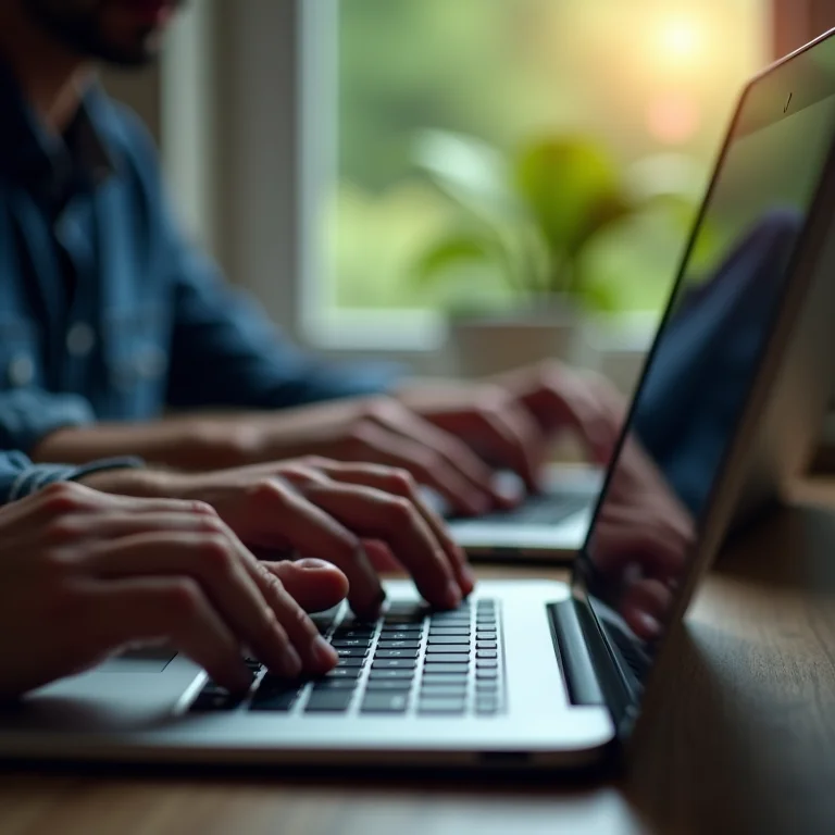 Mãos digitando em laptops com telas borradas, representando anonimato