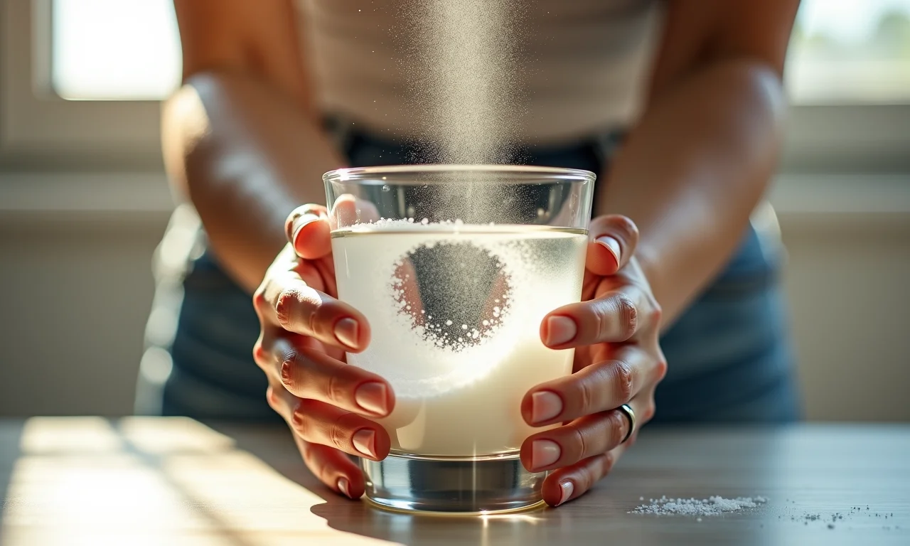 Mãos dissolvendo sal grosso em um copo de água.