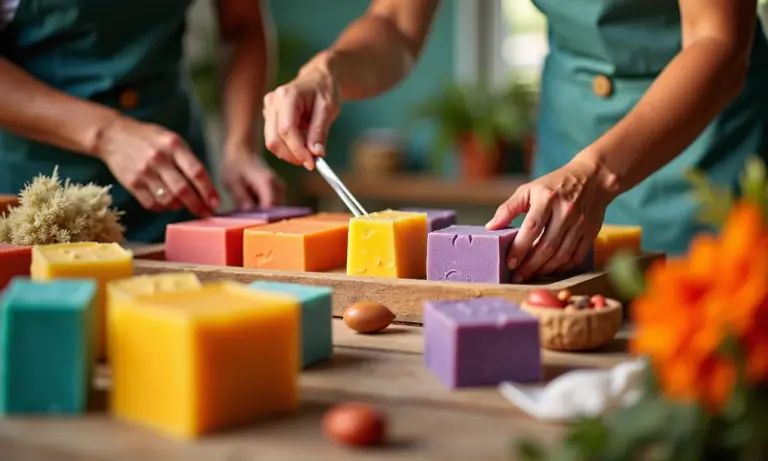 Mãos diversas criando sabonetes artesanais coloridos em oficina brasileira.