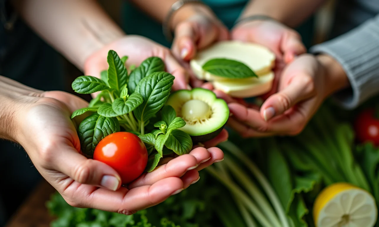Mãos diversas segurando alimentos ricos em vitamina D e cálcio, como vegetais folhosos e produtos lácteos.