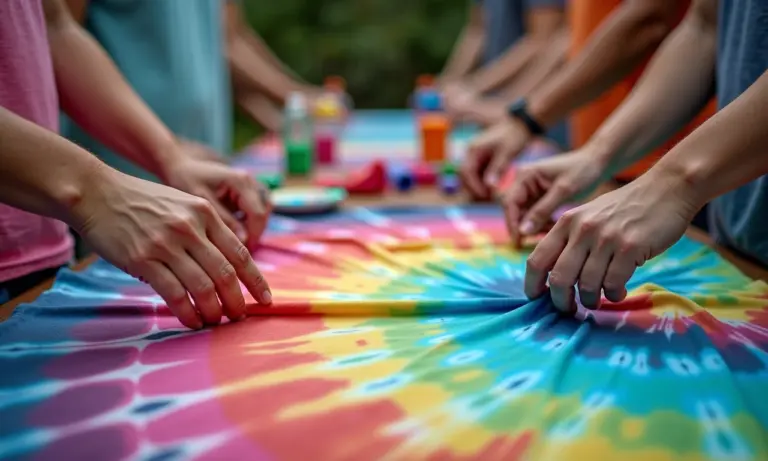 Mãos diversas tingindo camisetas coloridas com tie-dye.