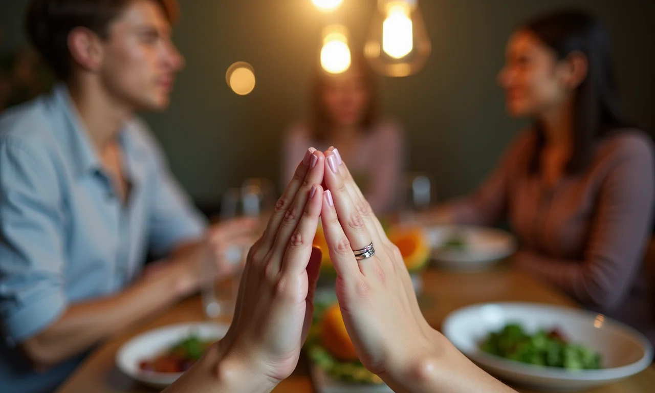 Mãos em pausa antes da refeição, respirando fundo em um ambiente acolhedor.