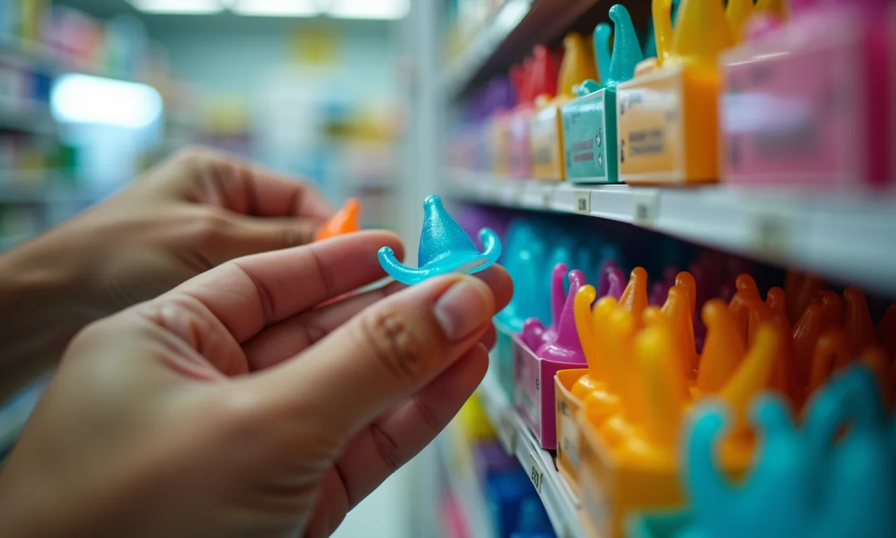 Mãos escolhendo preservativos em dispenser colorido em farmácia.