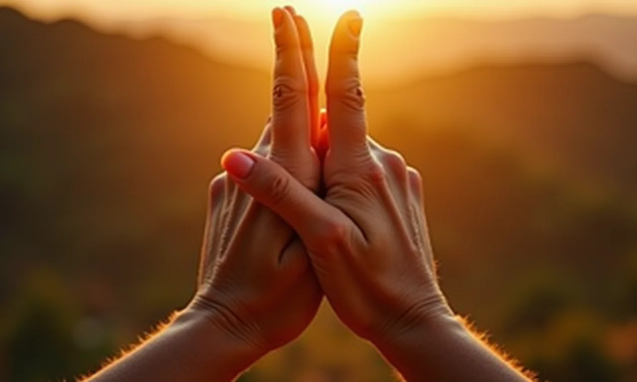 Mãos fazendo o sinal da cruz com fundo brasileiro.